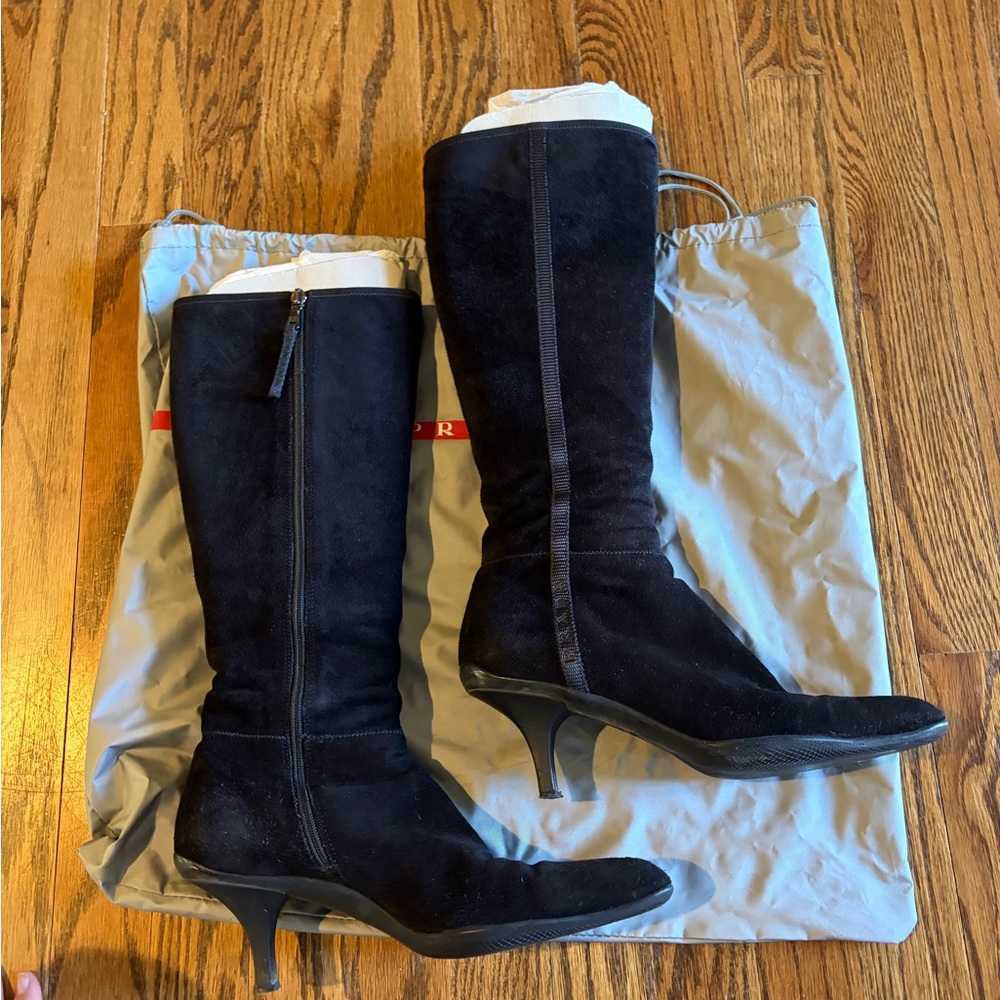 Prada Women's Black Suede Kitten Heeled Boots